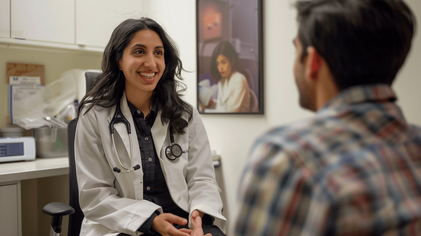 Médica sorrindo em ambiente de consultório